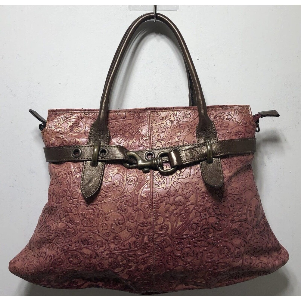 Roberta Gandolfi Made in Italy Pink Leather Handbag Bronze Embossed Shoulder
